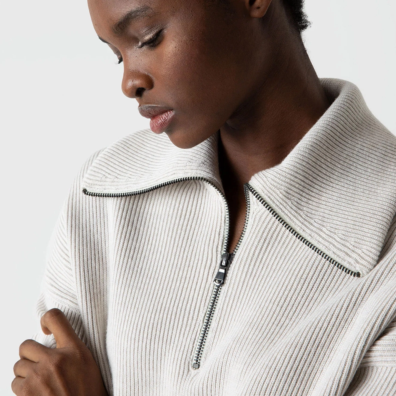 Sunspel Womens Ribbed Half Zip Jumper Ecru Special Steal Event