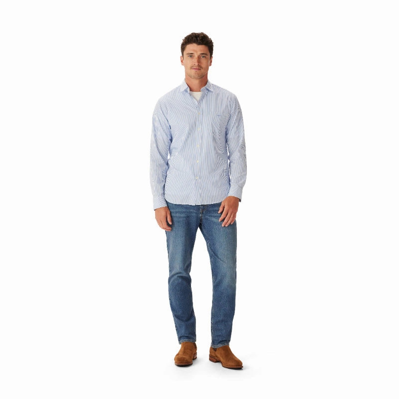 R.M.Williams Poplin Stripe Regular Fit Mens Shirt - Blue/White Hot Price Drop