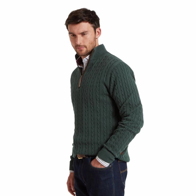 Schoffel Calton Cable Knit Cotton Cashmere 1/4 Zip Mens Jumper - Botanical Green Gift Sale Event