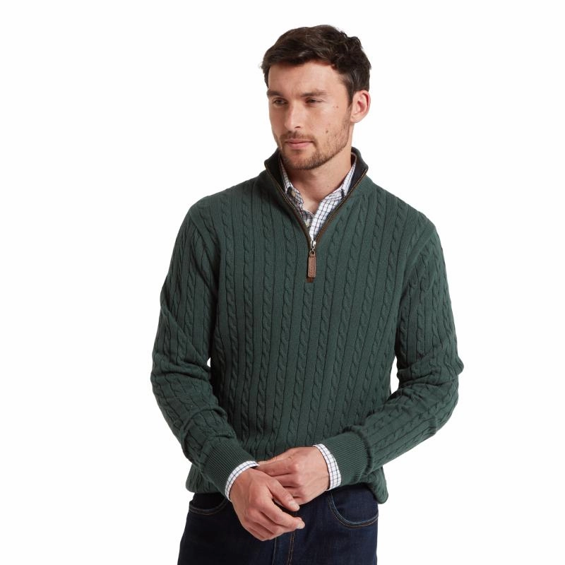 Schoffel Calton Cable Knit Cotton Cashmere 1/4 Zip Mens Jumper - Botanical Green Last Chance Offer