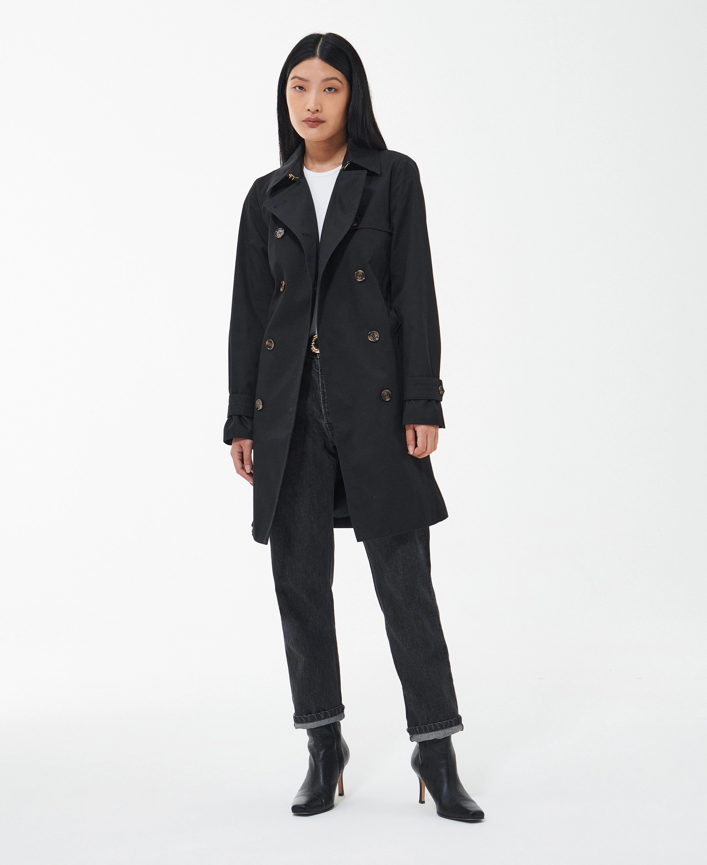 Barbour Short Greta Ladies Showerproof Trench - Black/Ancient Poplar Limited Time Hot Deal