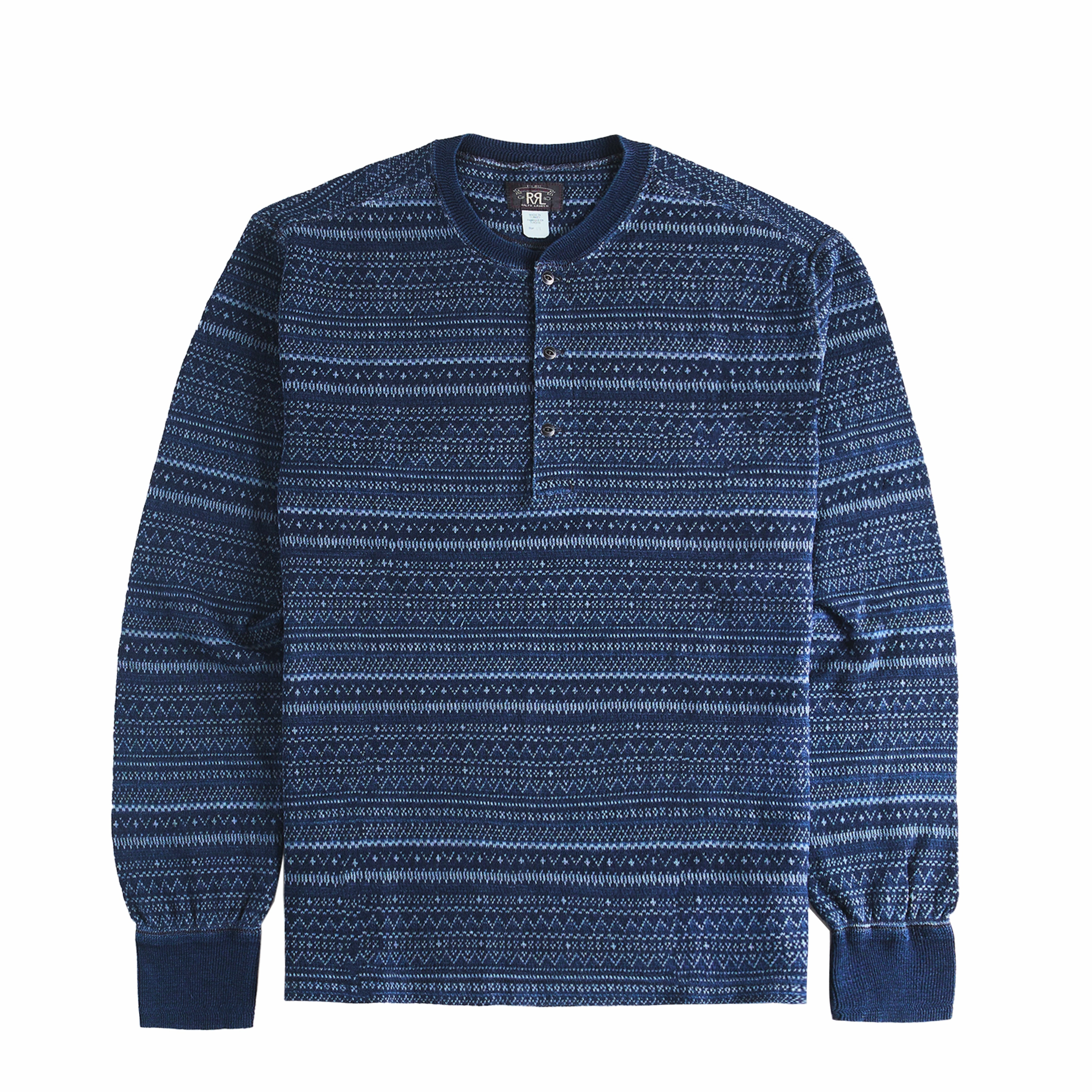 Rrl By Ralph Lauren Jacquard Henley Long Sleeve Pullover Indigo / Multi Steal the Deal Now Daily Hot Deal