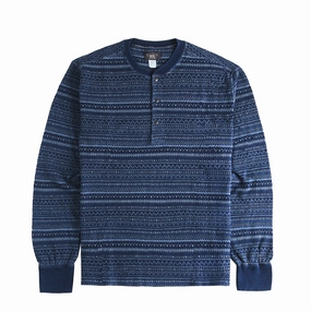 Rrl By Ralph Lauren Jacquard Henley Long Sleeve Pullover Indigo / Multi Steal the Deal Now Daily Hot Deal