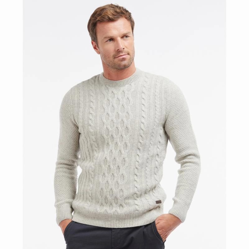 Barbour Chunky Mens Lambswool Cable Crew Jumper - Fog Sweet Deal Inside Shop Grab Now