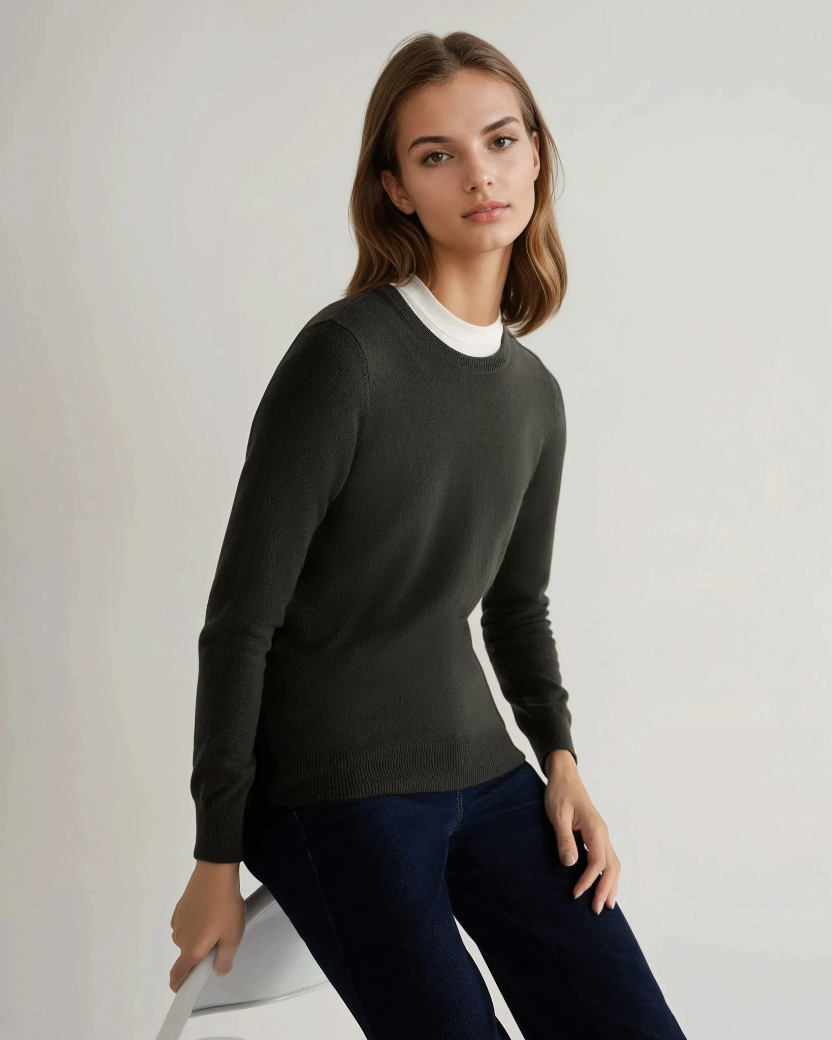 Limited Time Steal Women'S Evie Classic Round Neck Cashmere Jumper Arabica Khaki Green