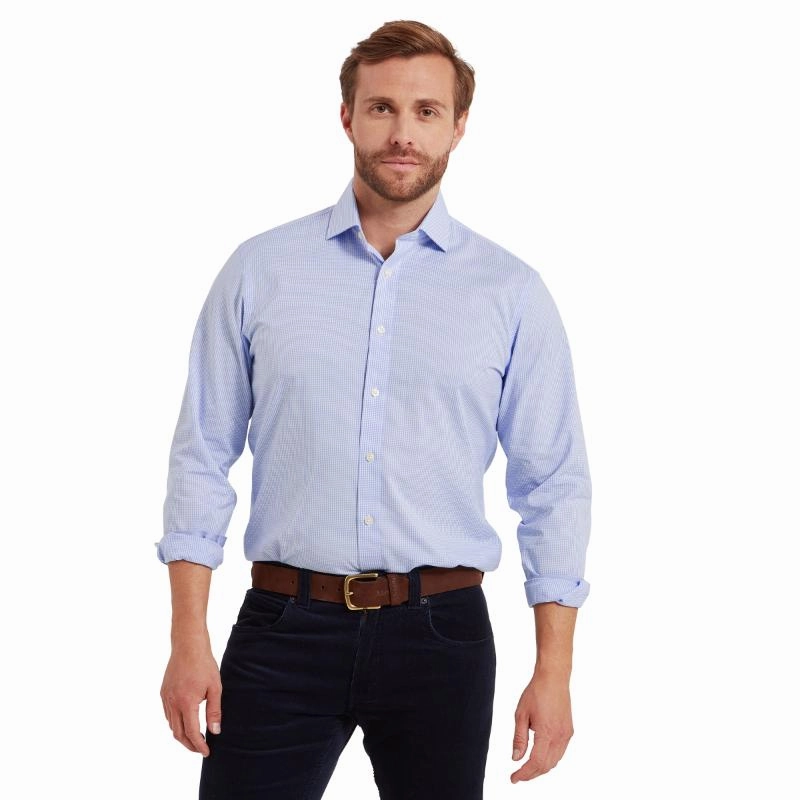 Limited Time Steal Schoffel Greenwich Single Cuff Tailored Fit Mens Shirt - Light Blue Micro Check