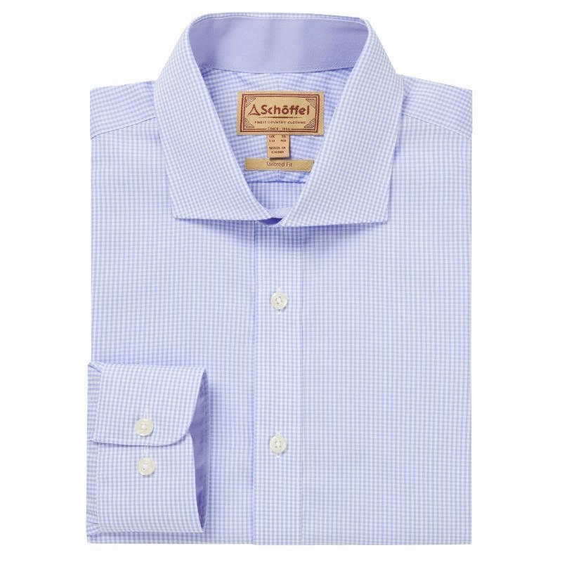 Schoffel Greenwich Single Cuff Tailored Fit Mens Shirt - Light Blue Micro Check Hot Offer Event Exclusive Savings Event