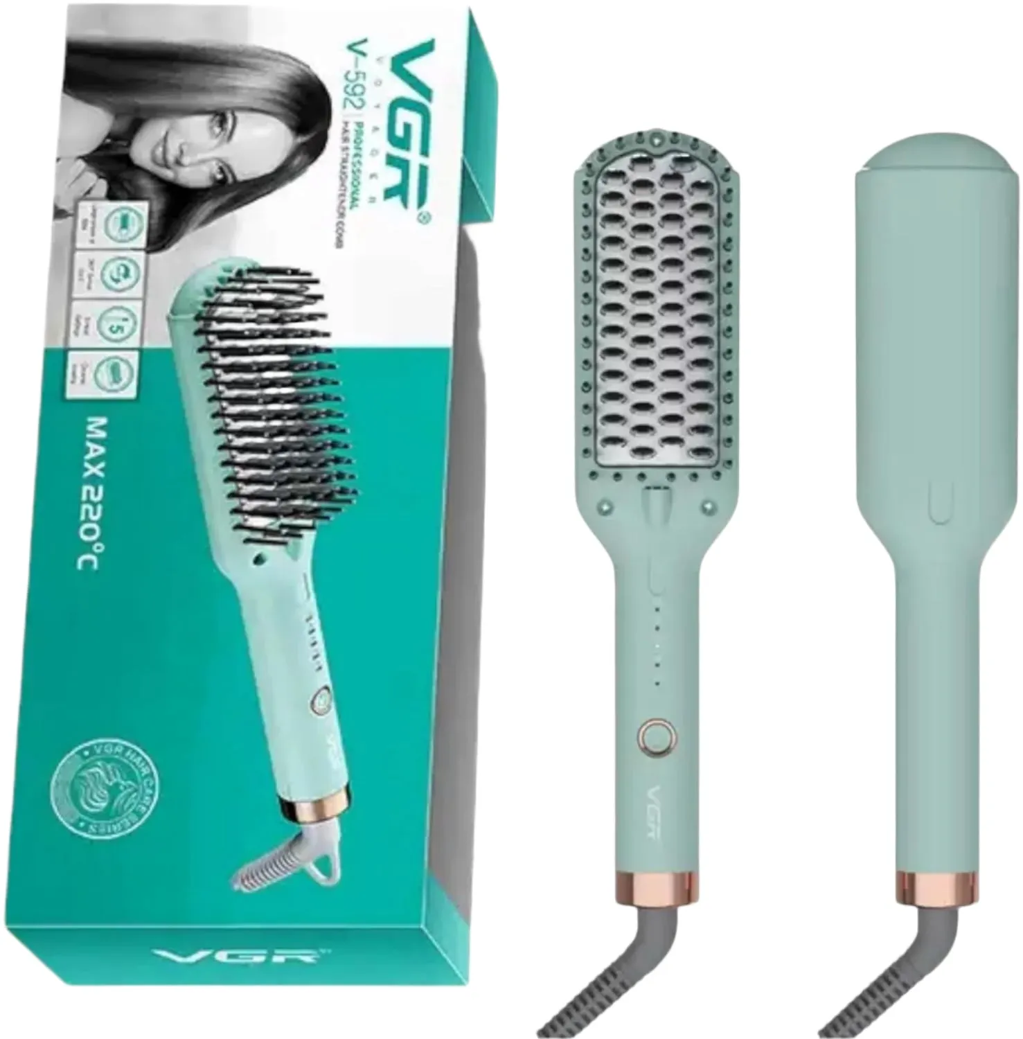 VGR Ionic Hair Straightener Brush, 5 Settings Ceramic Heating, Green