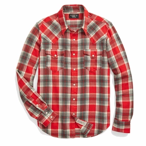 Instant Deal Today Rrl By Ralph Lauren Slim Fit Plaid Twill Western Shirt Red / Grey