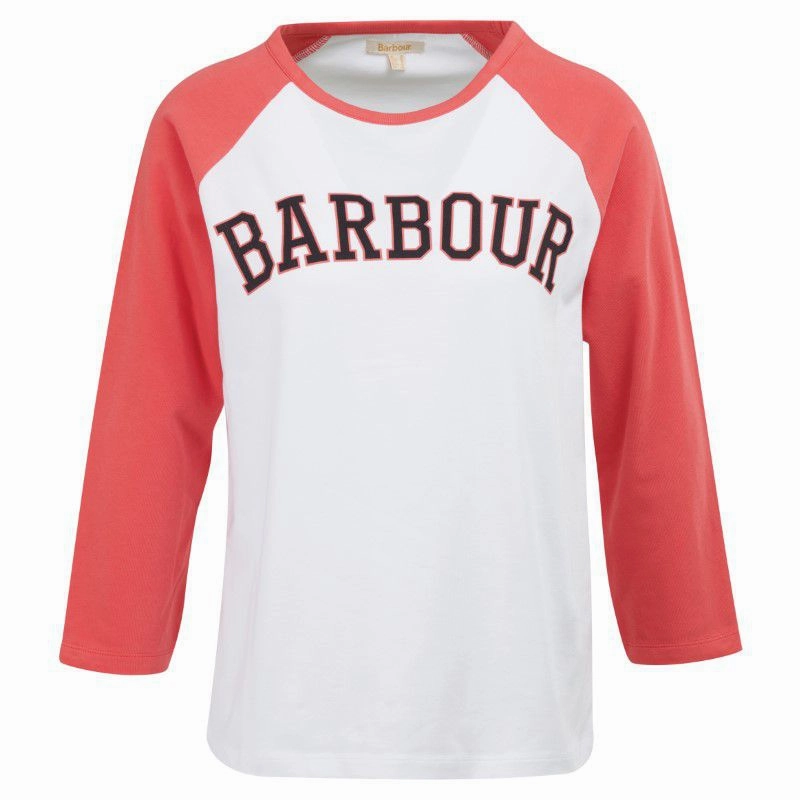 Barbour Northumberland Ladies Long Sleeve T-Shirt - White/Pink Punch Grab the Deal Now