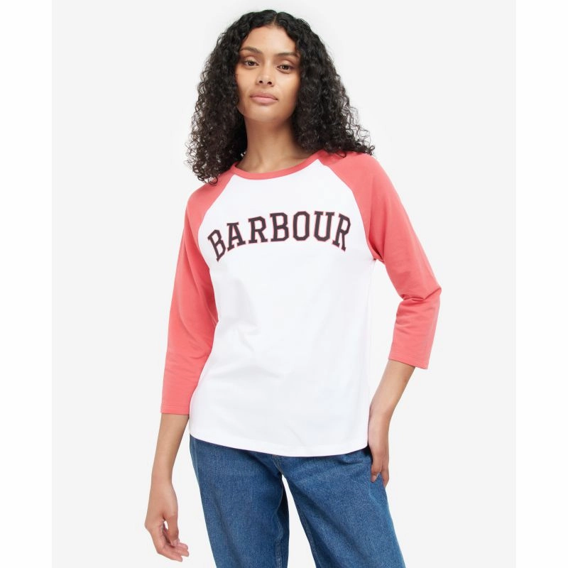 Special Occasion Discount Barbour Northumberland Ladies Long Sleeve T-Shirt - White/Pink Punch