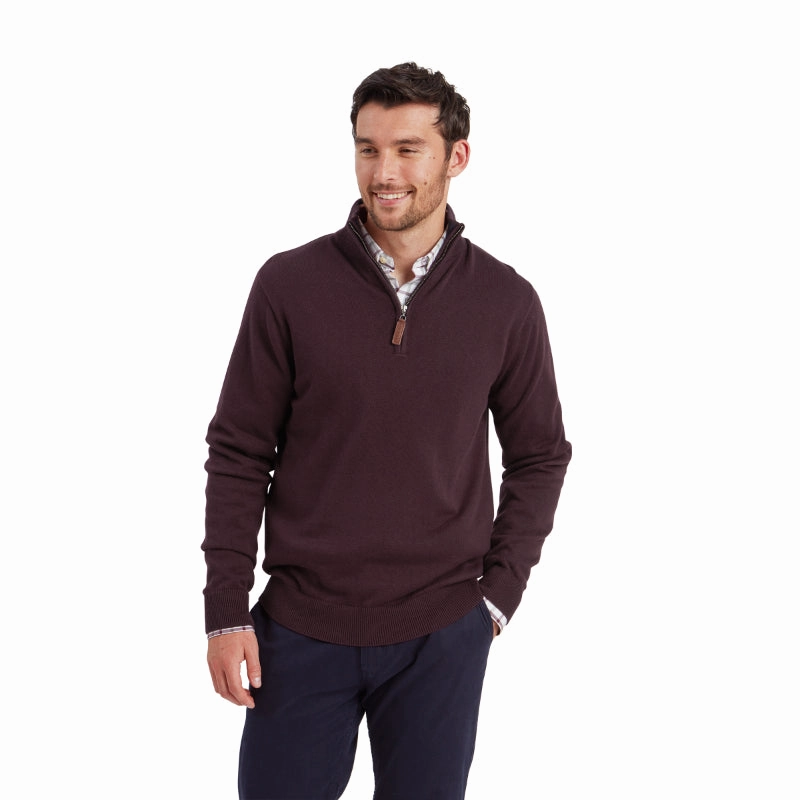 Schoffel Calton Cotton Cashmere 1/4 Zip Mens Jumper - Wine Daily Clearance Deal