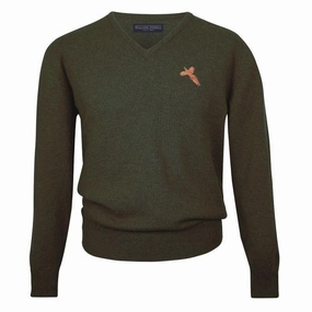 William Powell Mens Lambswool Easy Care V-Neck Pheasant Jumper - Seaweed Dont Miss Out