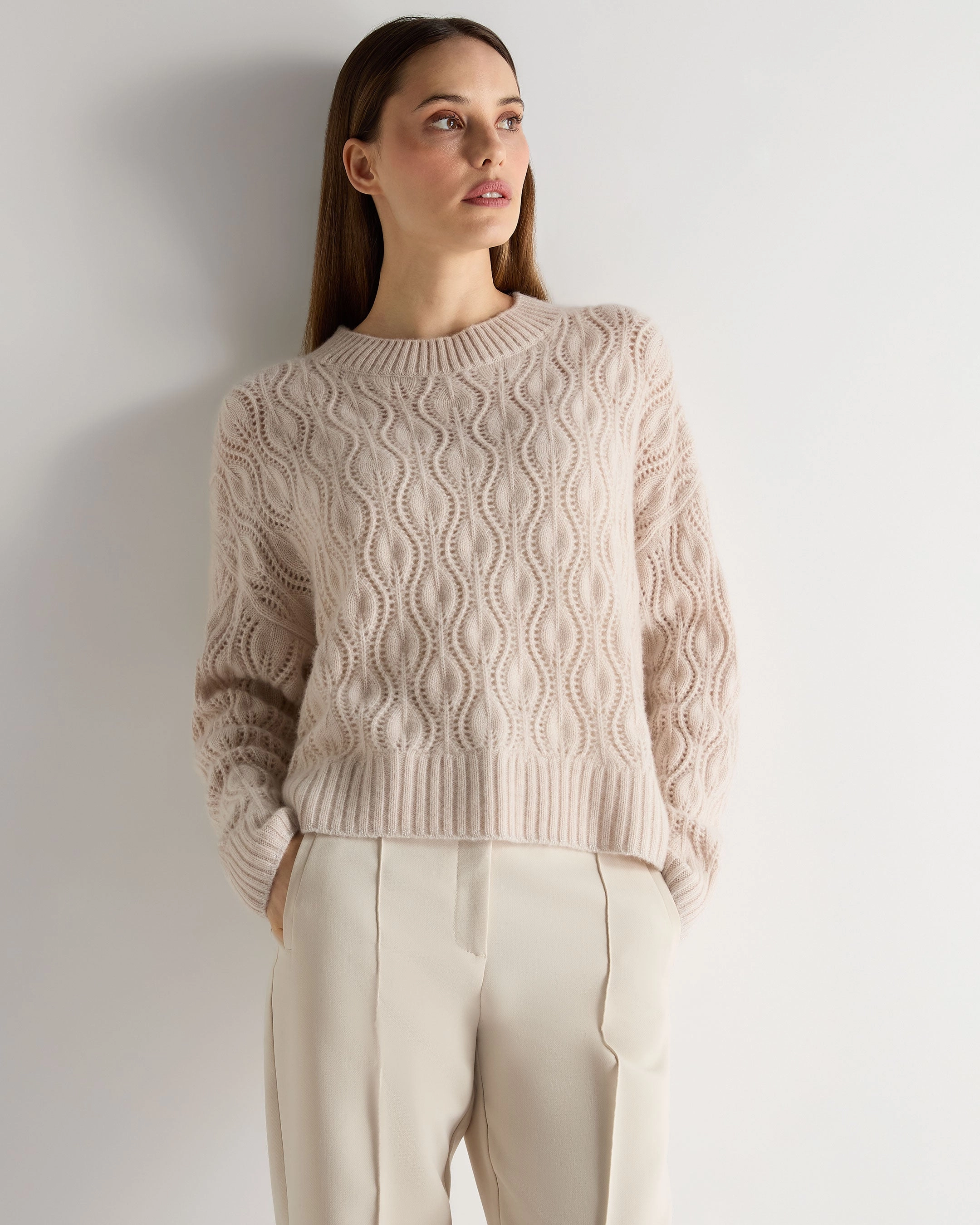 Instant Discount Big Clearance Event Women'S Chunky Lace Stitch Cashmere Jumper Ecru White