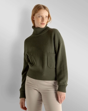 Women'S Cropped Roll Neck Cashmere Jumper Army Green Online Exclusive Savings Daily Deal Frenzy