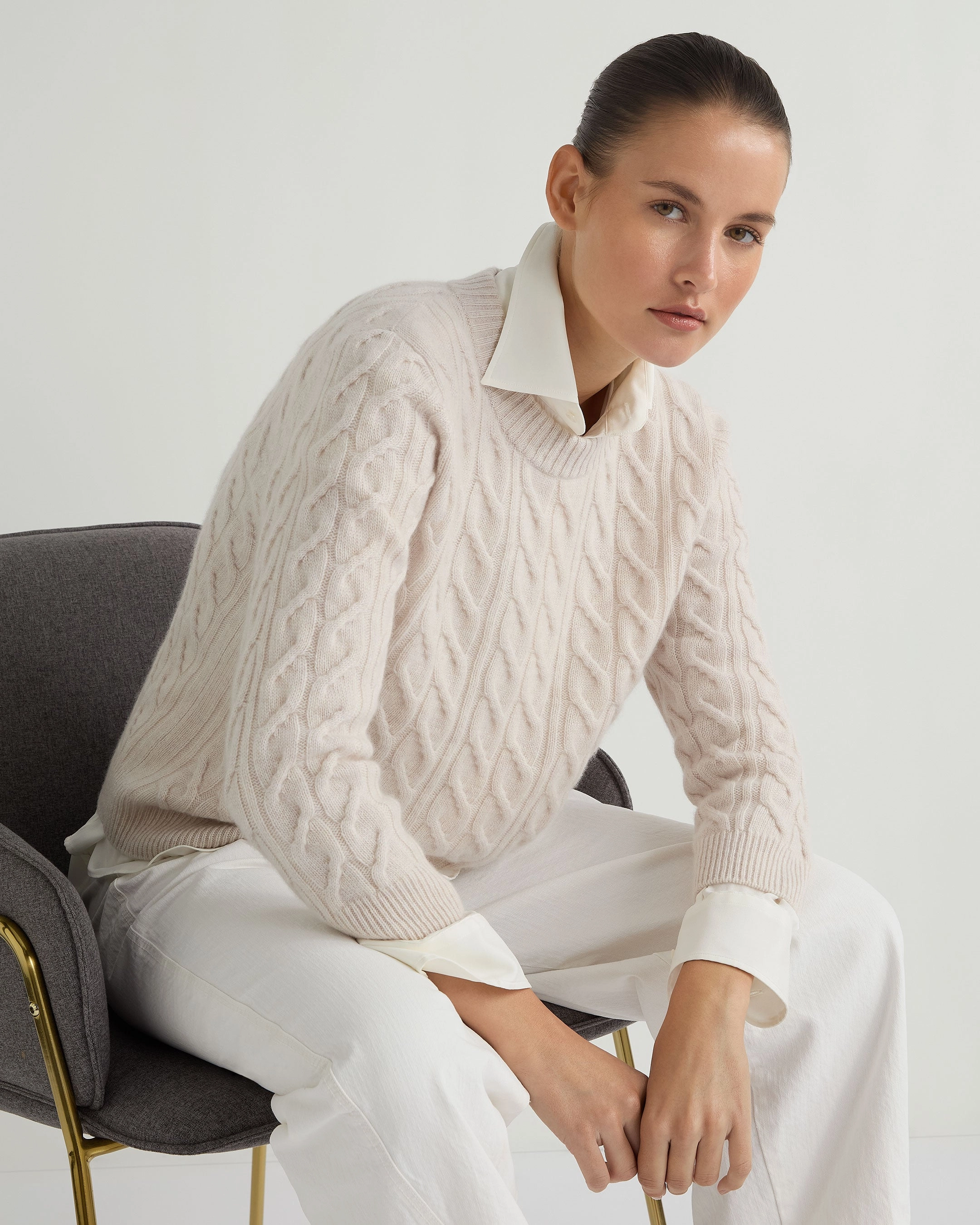 Grab Your Deal Today Gift Sale Event Women'S Emilia Cable Round Neck Cashmere Jumper Frost White