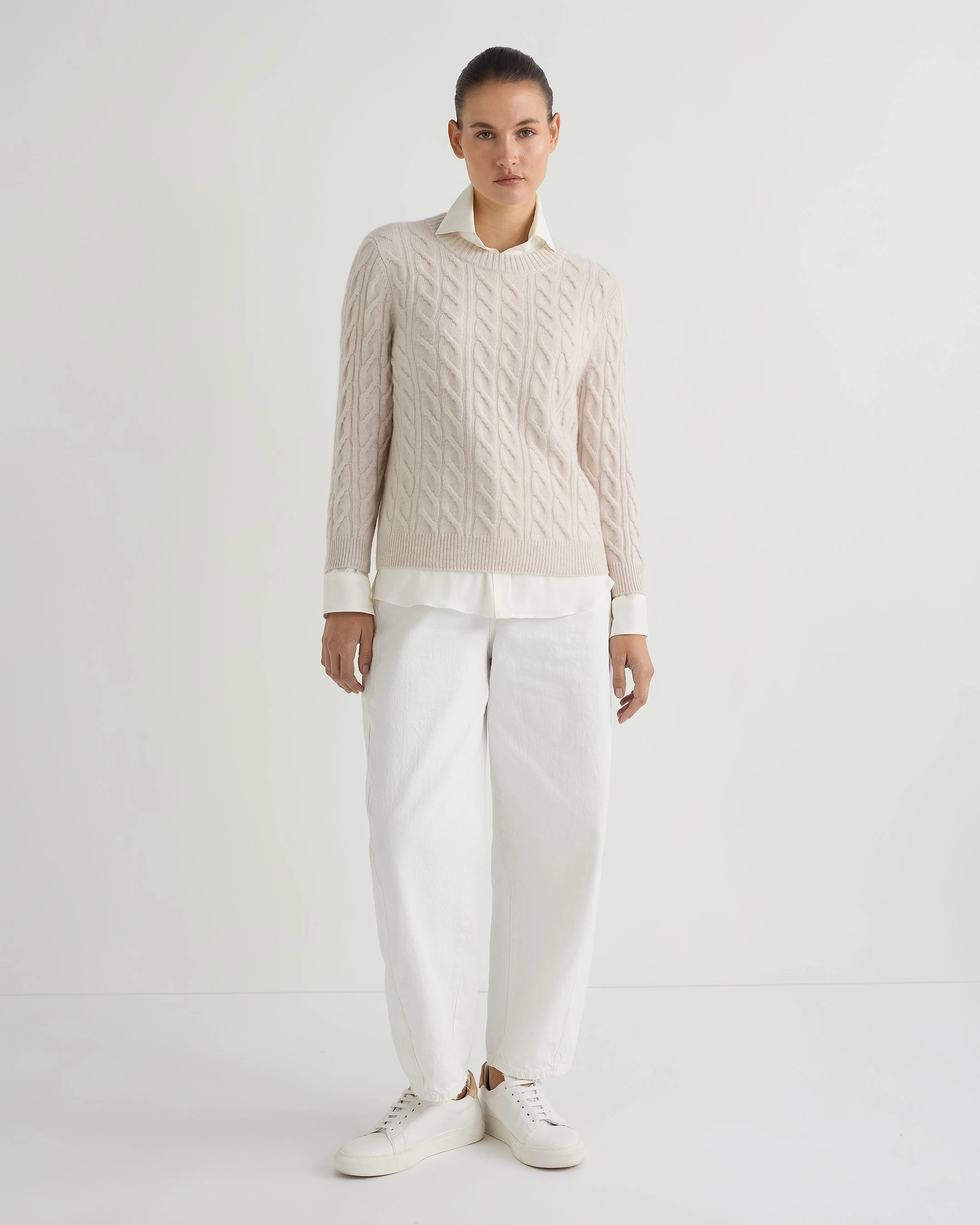 New Arrival Discount Clearance Event Alert Women'S Emilia Cable Round Neck Cashmere Jumper Frost White