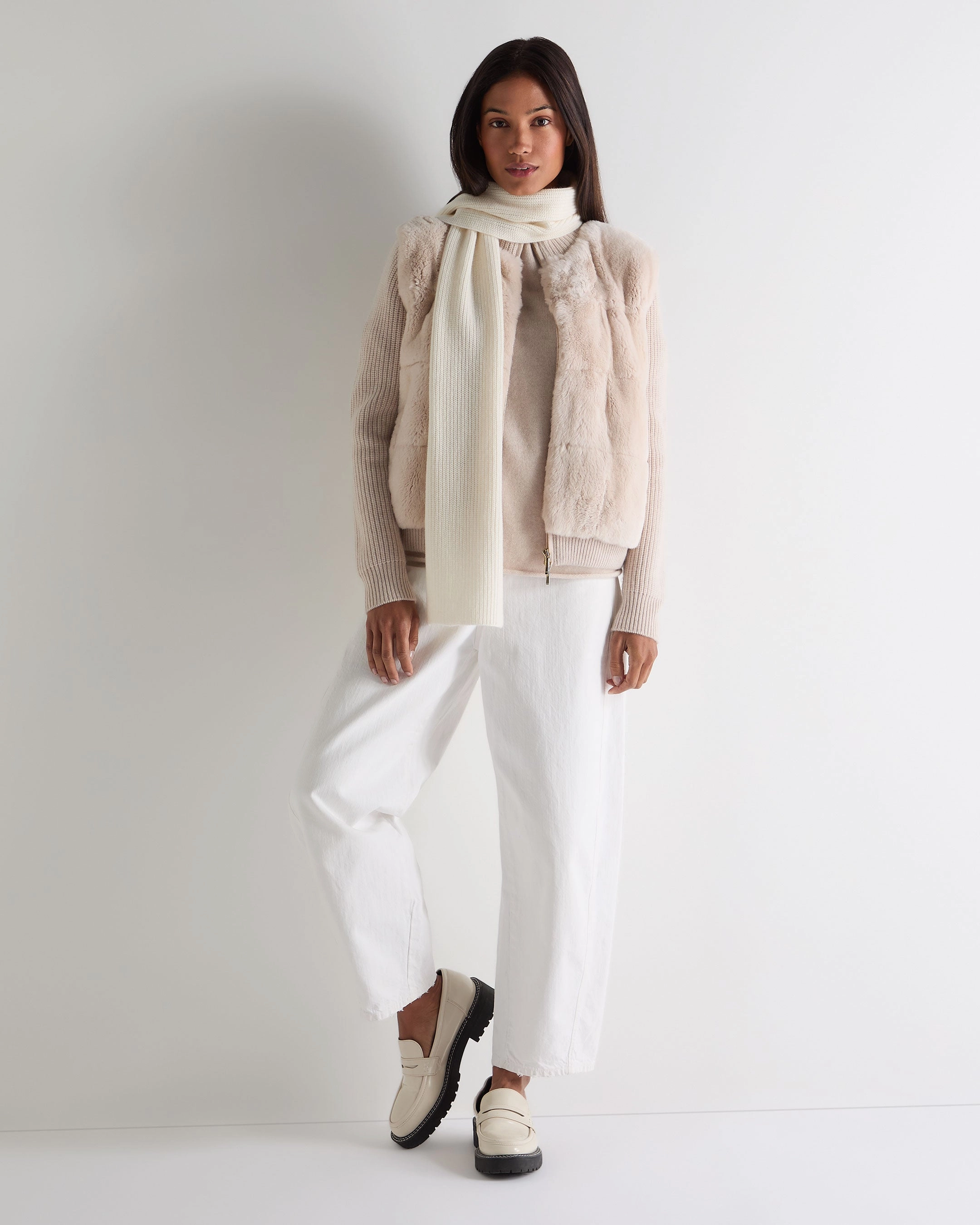 Women'S Fur Trim Rib Cashmere Cardigan Ecru White Trending Offer Today Hot Item Clearance