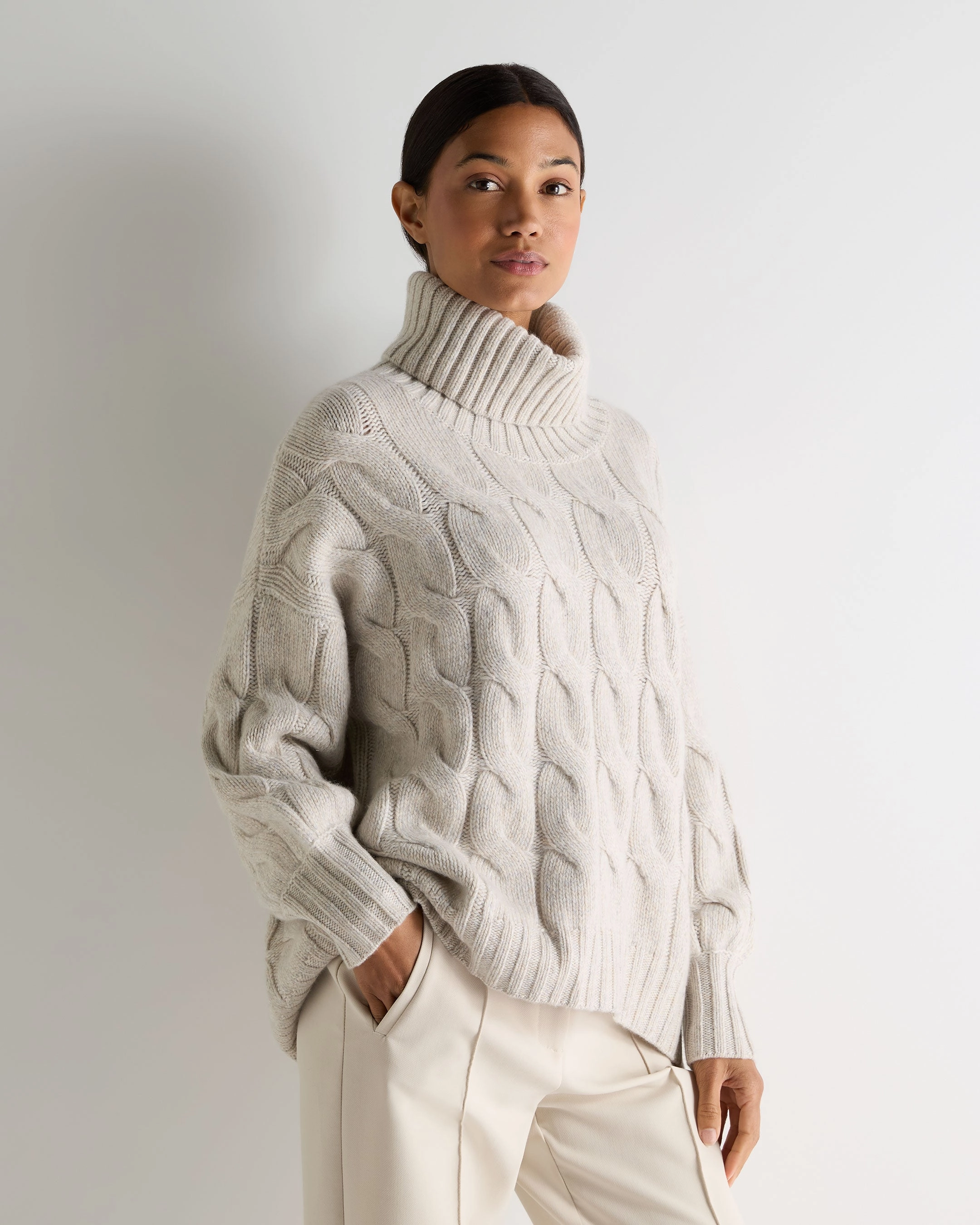 Dont Miss These Savings Instant Savings Deal Women'S Hana Chunky Cable Roll Neck Cashmere Jumper Ash Grey Marl