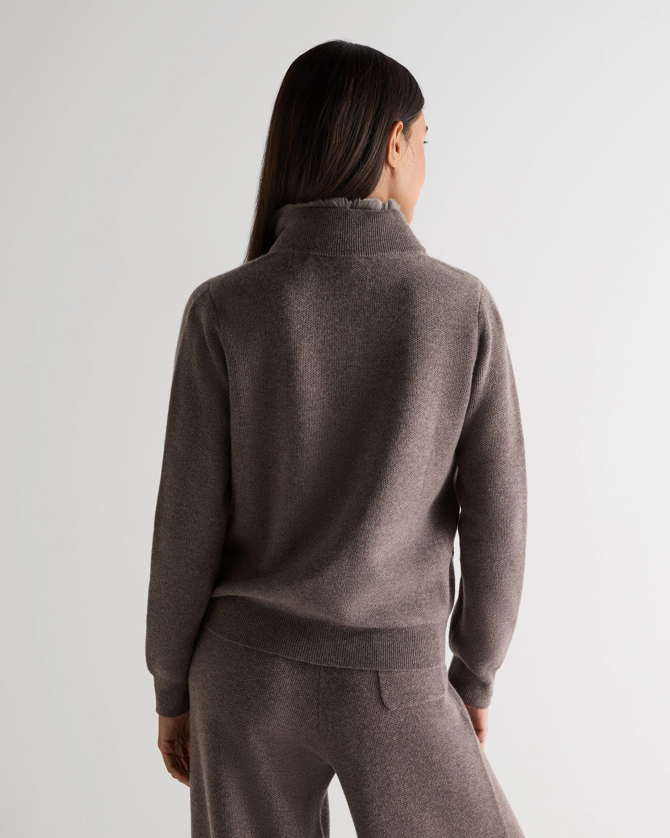 Clearance Blowout Best Deal Alert Women'S Honeycomb Full Zip Cashmere Jumper With Fur Trim Otter Brown
