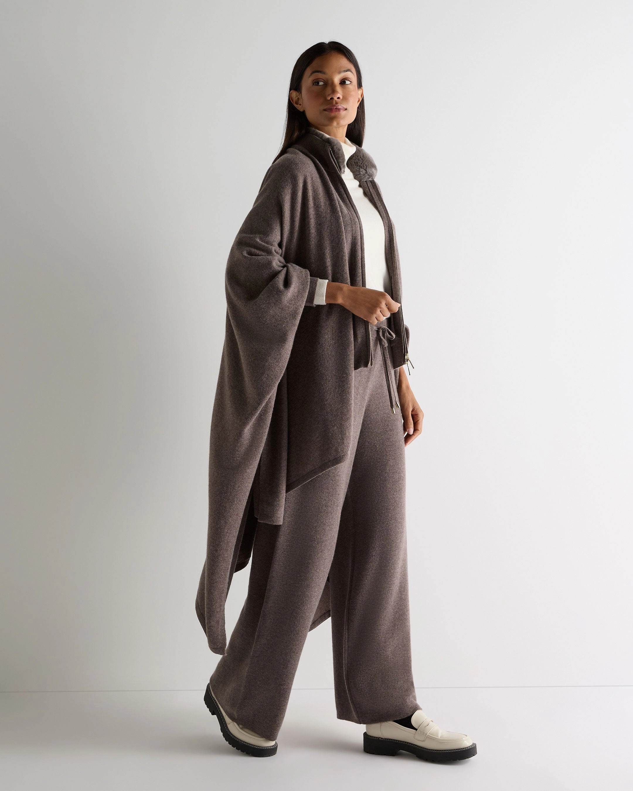 Women'S Honeycomb Full Zip Cashmere Jumper With Fur Trim Otter Brown Deal Frenzy Today