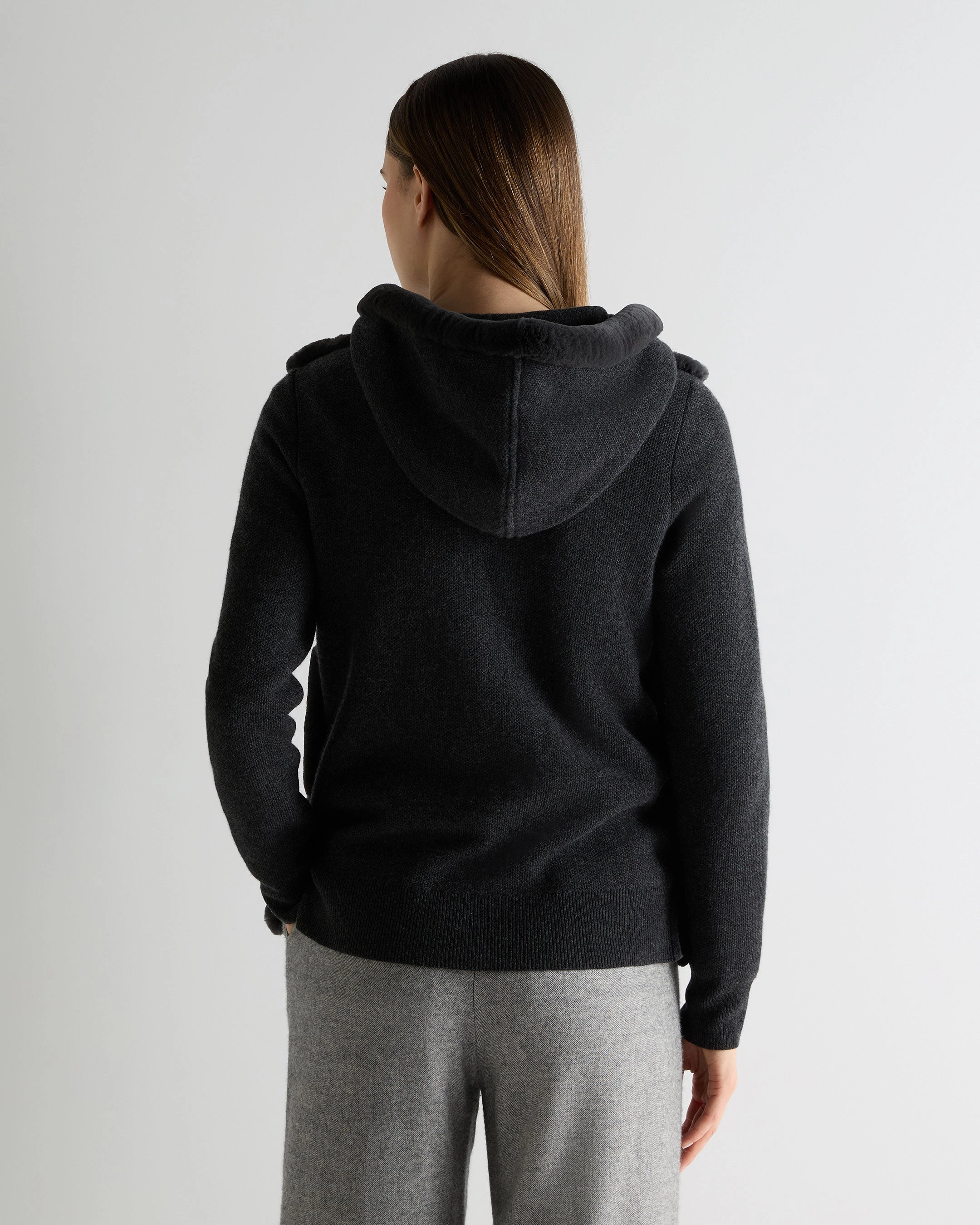 Deal Frenzy Today Hot Pick of the Day Women'S Honeycomb Fur Trim Cashmere Hoodie Deep Charcoal Grey