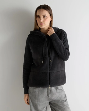 Instant Deal Today Women'S Honeycomb Fur Trim Cashmere Hoodie Deep Charcoal Grey