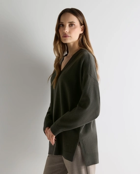 Women'S Longline V Neck Cashmere Jumper Arabica Khaki Green Trending Now Discount
