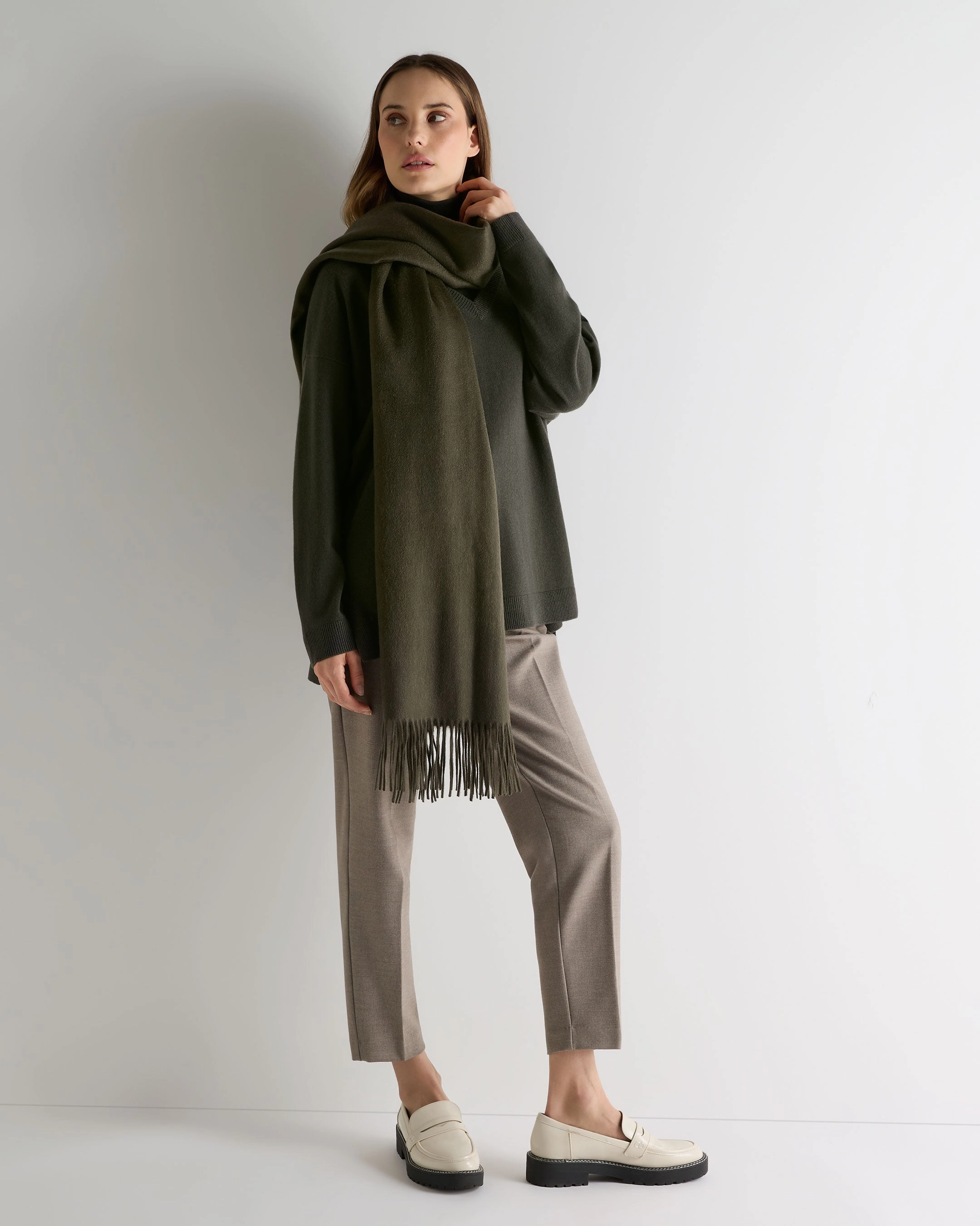 Todays Mega Savings Big Savings Today Women'S Longline V Neck Cashmere Jumper Arabica Khaki Green
