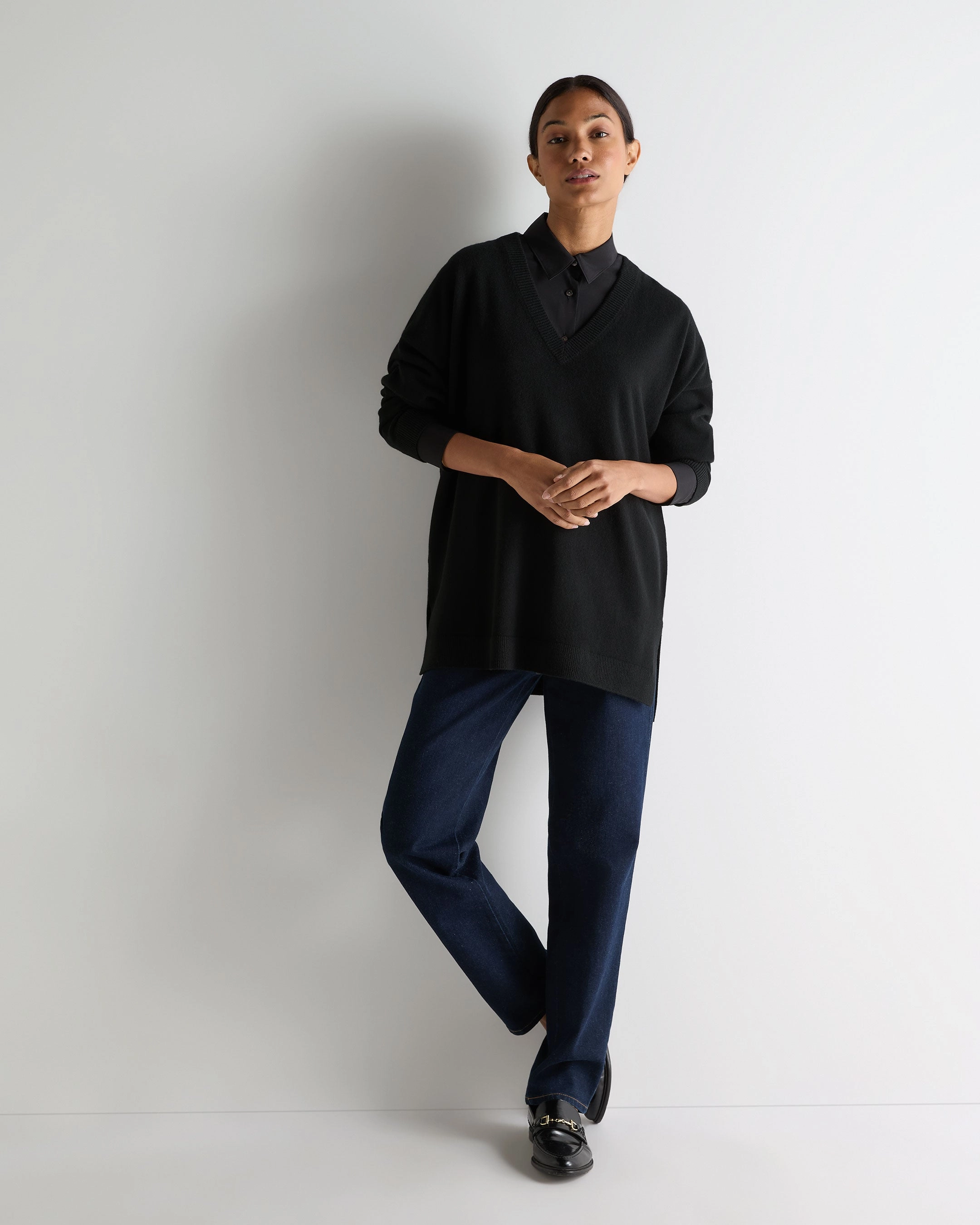 Women'S Longline V Neck Cashmere Jumper Black Trendy Picks Today