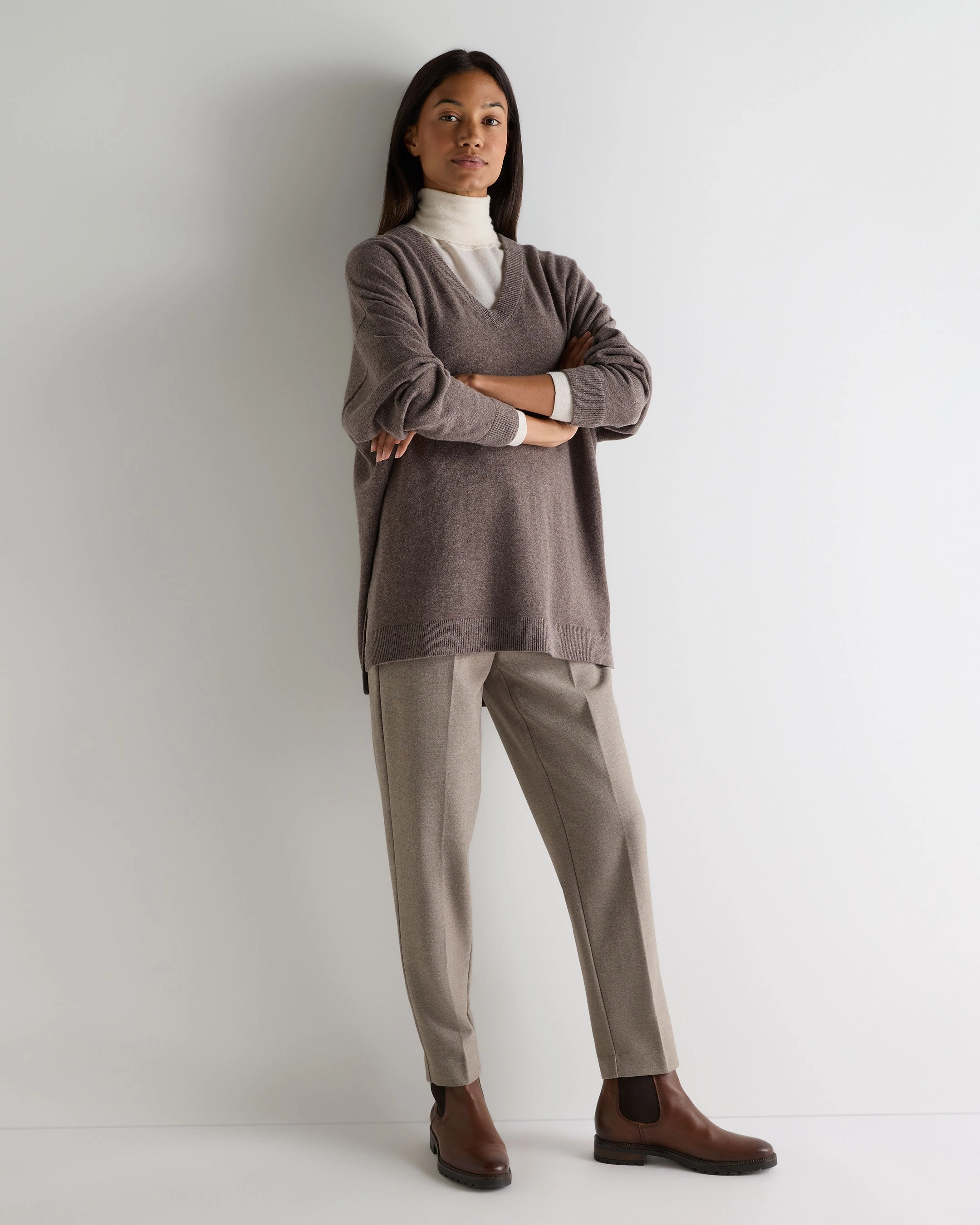 Clearance Event Women'S Longline V Neck Cashmere Jumper Otter Brown