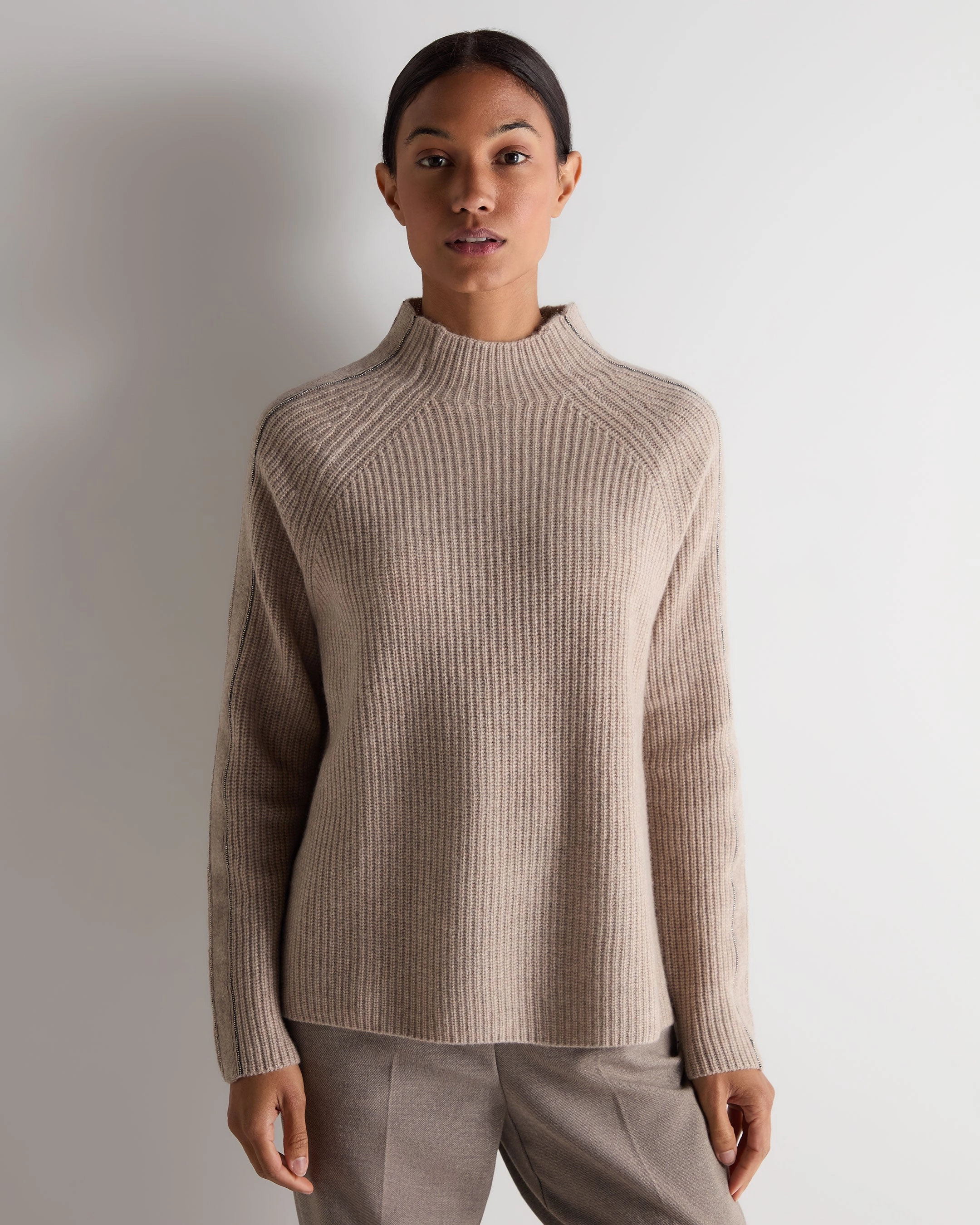 Price Drop Alert Women'S Metal Funnel Neck Cashmere Jumper Oatmeal Brown