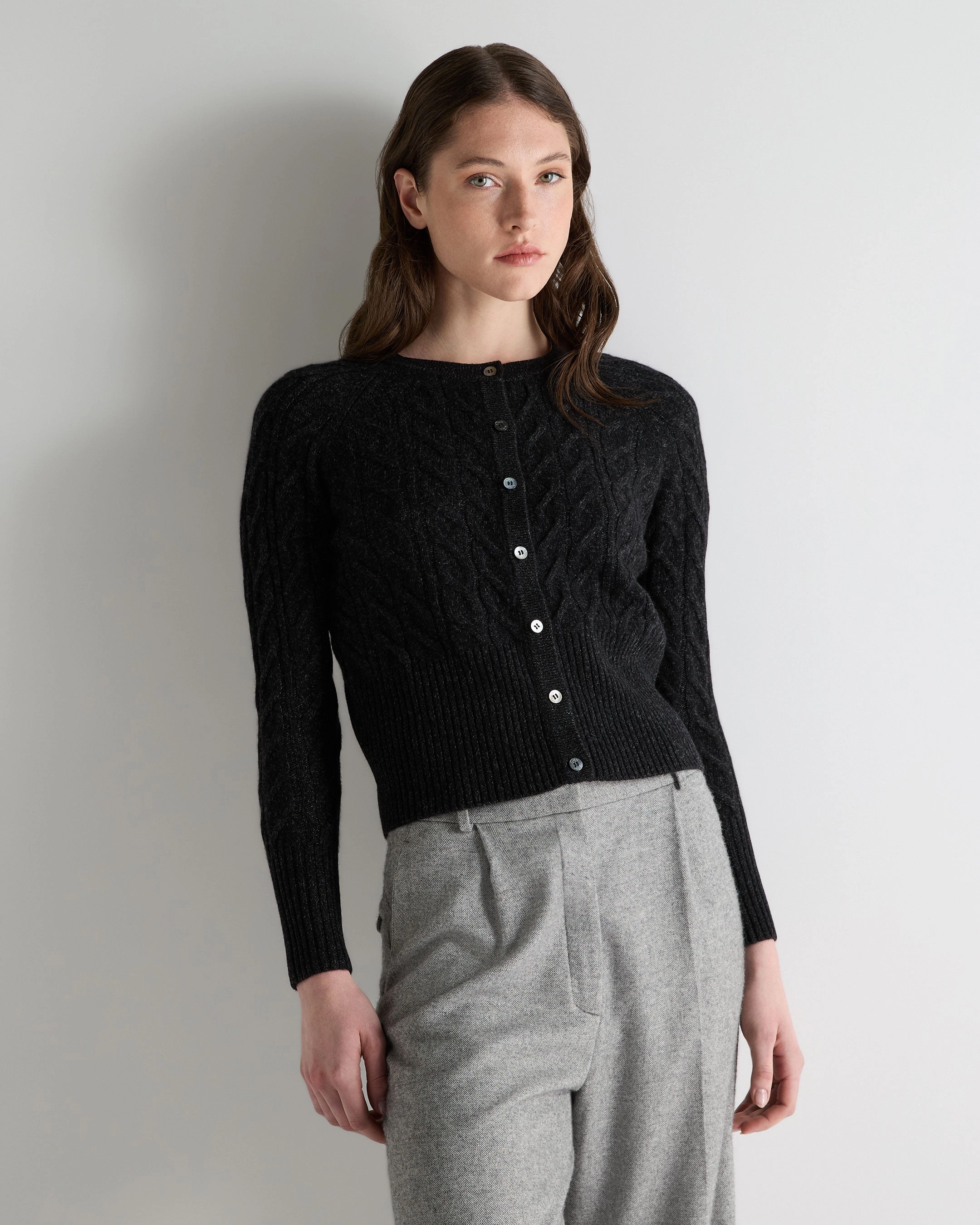 Women'S Myla Cable Cashmere Cardigan Charcoal Grey Melange Big Clearance Event