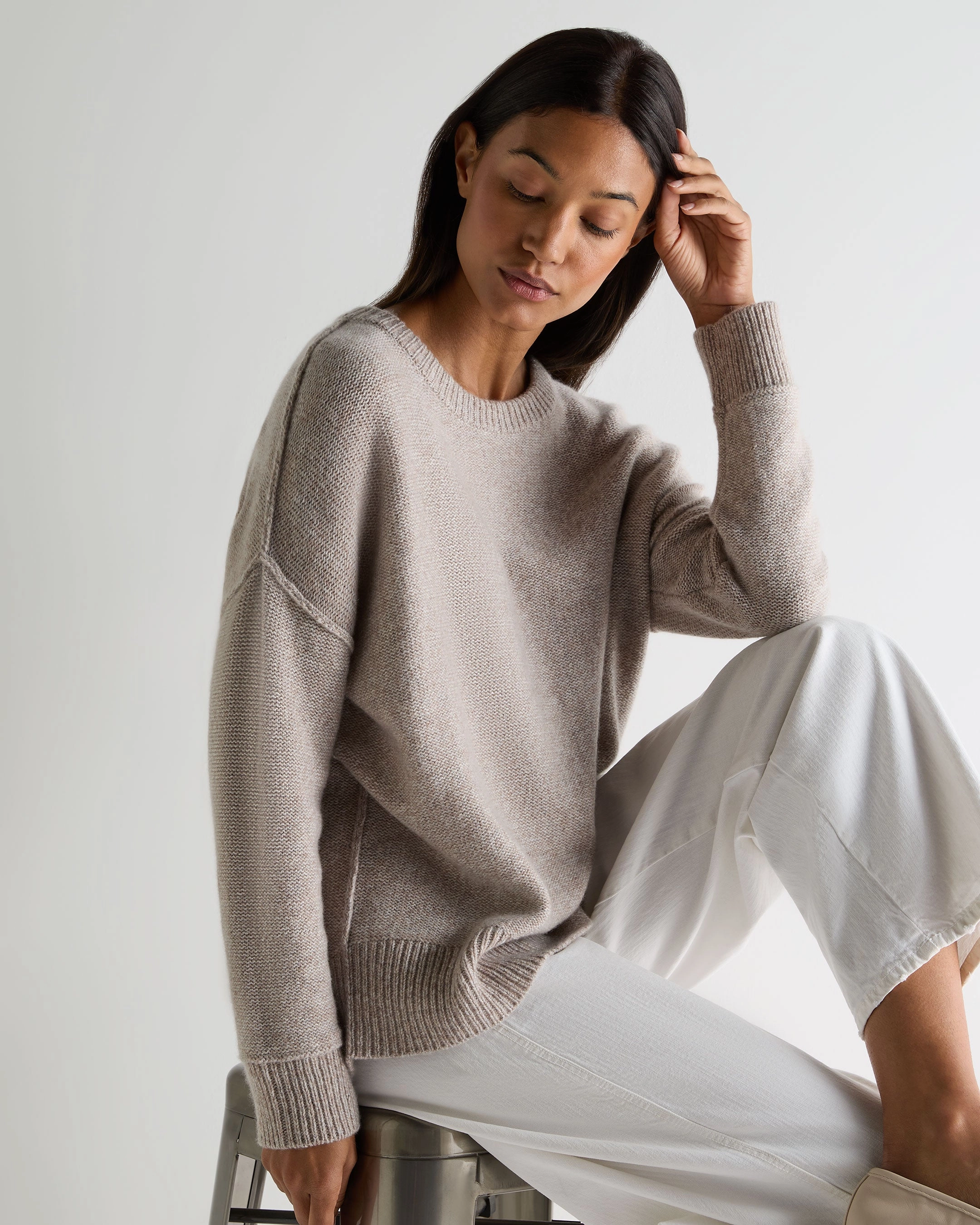 Women'S Relaxed Round Neck Cashmere Jumper Basilica Beige Brown Marl Limited Time Hot Deal Limited Stock Offer