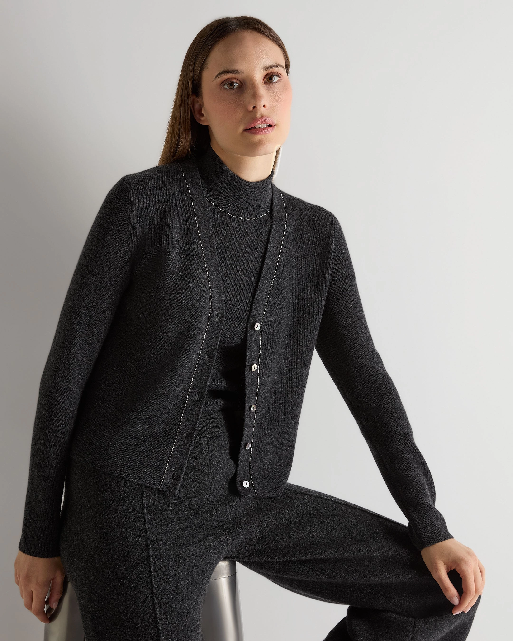 Women'S Ribbed Cashmere Cardigan With Metal Trim Deep Charcoal Grey Hot Offer Inside