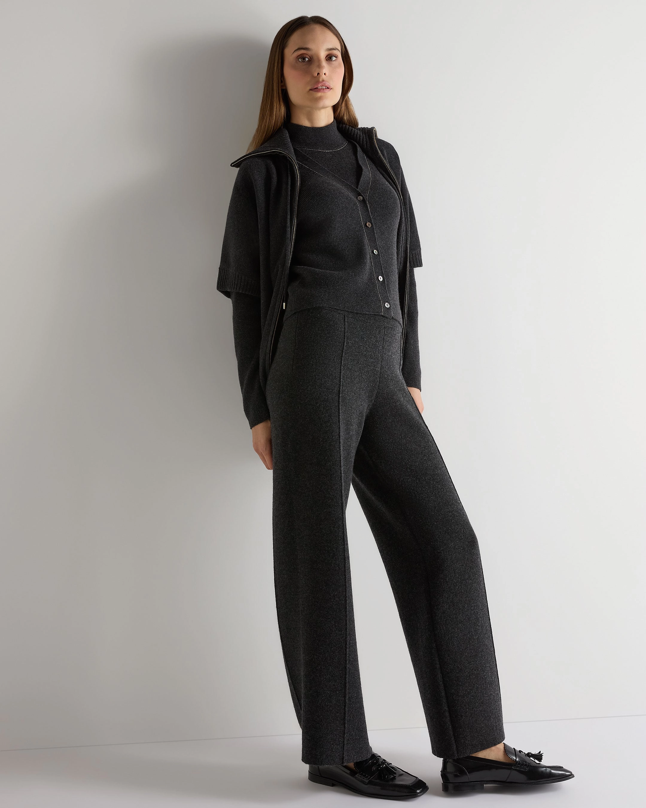 Women'S Ribbed Cashmere Cardigan With Metal Trim Deep Charcoal Grey Dont Wait Save Today