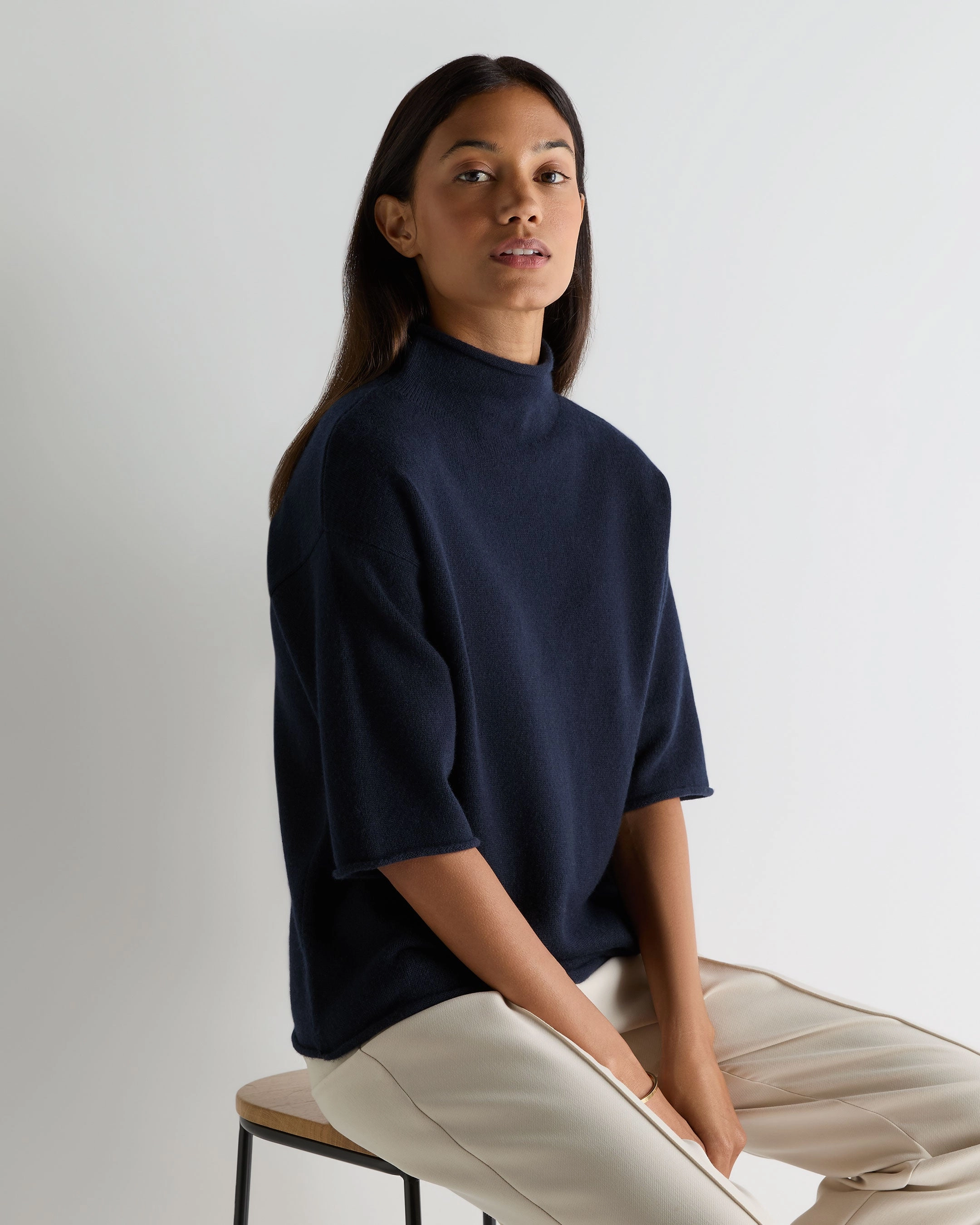 Flash Sale Alert Dont Miss This Deal Women'S Short Sleeve Turtle Neck Cashmere Jumper Navy Blue